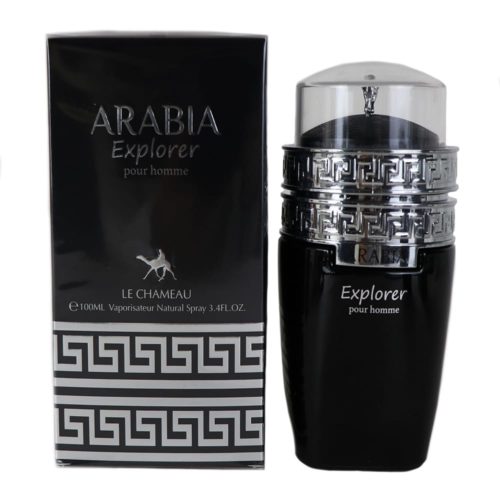 Arabia Explorer pour homme Eau de Parfum de Le Chameau, que presenta un frasco de perfume negro de 100 ml con detalles plateados y tapa transparente, junto a su caja negra con diseños geométricos plateados.