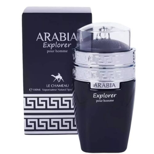 Arabia Explorer Eau de Parfum pour homme de Le Chameau, con un elegante frasco negro con detalles plateados y una caja negra a juego con un diseño de llave griega.