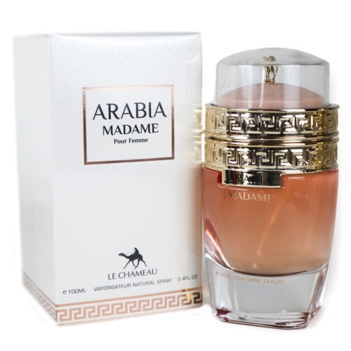 Arabia Madame Eau de Parfum de Le Chameau para mujer, 100 ml, con el frasco colocado junto a su envase blanco y dorado.