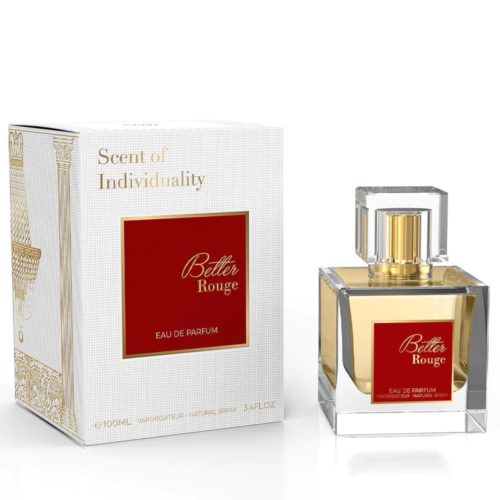 Better Rouge Eau De Parfum de Emper, con un frasco cuadrado de cristal con detalles dorados y una etiqueta roja, junto a una caja blanca y dorada con el eslogan «Scent of Individuality».