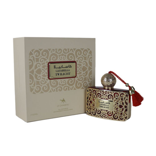 Eau de Parfum Casabella Twilight de Le Chameau con el ornamentado frasco expuesto junto a la elegante caja con motivos dorados.