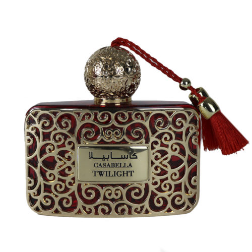 Primer plano del frasco del Eau de Parfum Casabella Twilight, adornado con intrincados detalles dorados y una borla roja.
