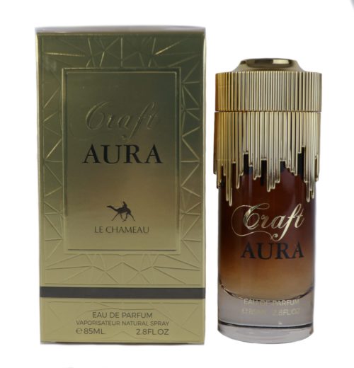 Craft Aura Eau de Parfum de Le Chameau, con un elegante frasco de 85 ml con detalles dorados en forma de goteo y una caja dorada con diseño geométrico.