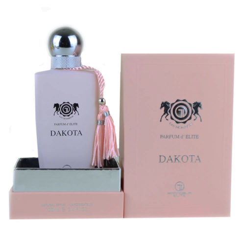 Dakota Eau de Parfum de Grandeur Elite: elegante frasco rosa pálido con tapón y borla plateados, acompañado de un estuche a juego, que destila sofisticación femenina y lujo.