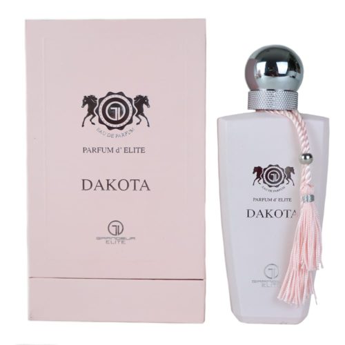 Botella de Dakota Parfum d'Elite Eau de Parfum de Grandiour Elite, con diseño blanco, tapa plateada y borla rosa, junto a su caja rosa pastel.