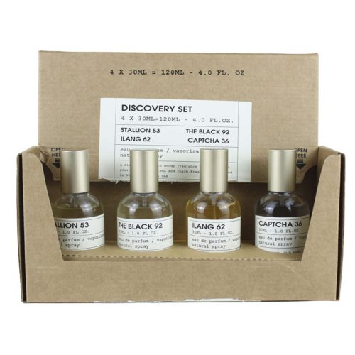 Discovery Set de Milestone: incluye cuatro frascos de 30 ml de Stallion 53, Ilang 62, The Black 92 y Captcha 36 Eau de Parfum, presentados en una caja de cartón minimalista.