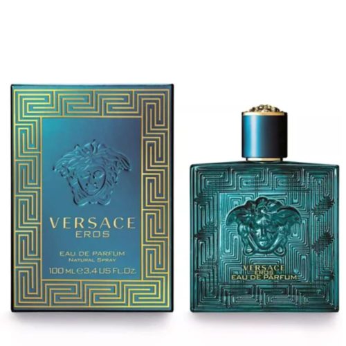 Versace Eros Eau De Parfum para hombre, con frasco azul turquesa con diseño de cabeza de Medusa y estuche a juego con detalles dorados y motivos de llaves griegas.