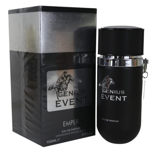 Eau de Parfum Genius Event de Emper para hombre, que muestra el producto completo con el frasco y el envase. El frasco tiene un acabado negro mate con un tapón texturizado, junto con el envase original.