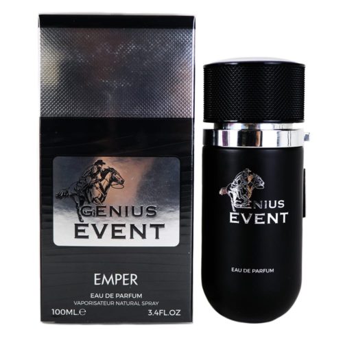 Un elegante frasco de perfume negro con una tapa texturizada y detalles plateados, junto a su empaque negro a juego con la etiqueta "Genius Event."