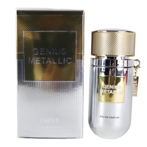 Genius Metallic Eau de Parfum de Emper, que muestra un frasco de perfume plateado brillante de 100 ml con tapa y etiqueta dorada, junto a su caja plateada y dorada a juego.