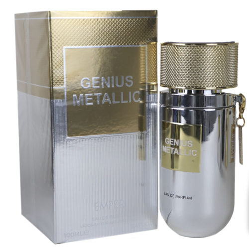 Detalle del estuche del perfume Genius Metallic Eau de Parfum de Emper, con un diseño metálico plateado y dorado y texto en relieve.