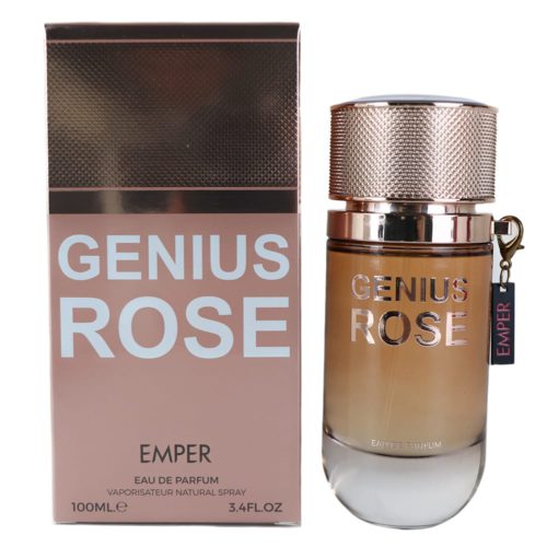 Genius Rose Eau de Parfum de Emper, que muestra un frasco de perfume de 100 ml con tapa dorada rosa, colocado junto a su caja a juego en tonos rosa suave y dorado.