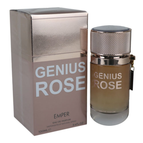 Frasco de Eau de Parfum Genius Rose de Emper, mostrado junto a su envase metálico de oro rosa a juego, que presenta un frasco cilíndrico con un tapón plateado texturizado.