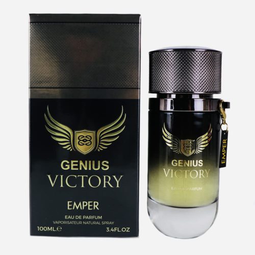 Genius Victory Eau de Parfum de Emper, con un frasco degradado en negro y dorado, tapa texturizada y caja negra con diseño de logotipo dorado alado.
