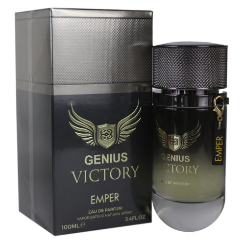 Genius Victory Eau de Parfum 100ml de Emper, con un elegante frasco oscuro con tapa metálica junto a su envase negro y plateado a juego.