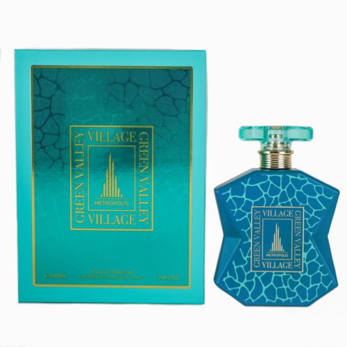 Frasco de perfume Green Valley Village en color verde azulado con un diseño texturizado agrietado y detalles dorados, junto a su empaque a juego con acentos dorados