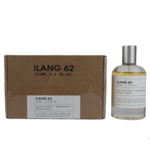 Ilang 62 Eau de Parfum 100ml mostrado junto a su empaque marrón minimalista con detalles de etiqueta en blanco y negro.