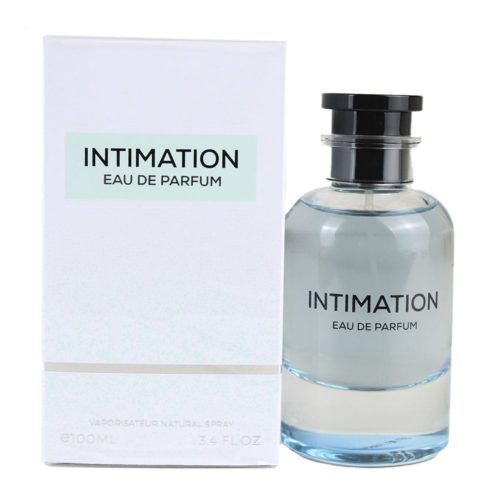 Eau de Parfum Intimation de Milestone: elegante frasco azul claro con tapón negro, combinado con una caja blanca minimalista con sutiles toques de menta.