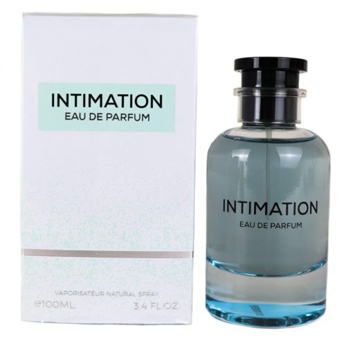 Un frasco de perfume transparente con líquido azul claro y una tapa negra, junto a su empaque blanco minimalista etiquetado como "Intimation Eau de Parfum."