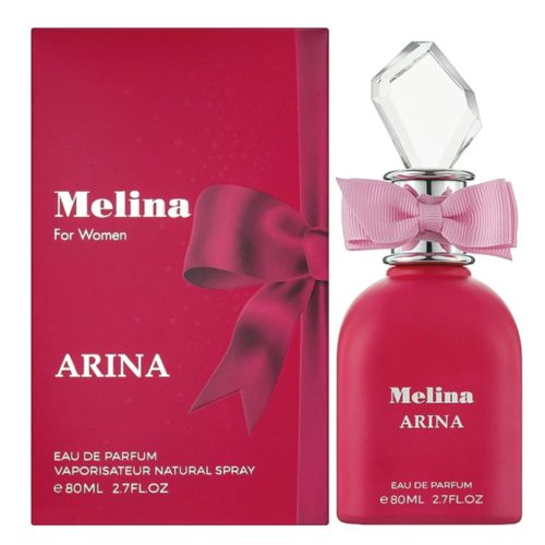 Melina Arina Eau De Parfum para mujer de Emper, con un frasco rojo intenso con un lazo rosa y un tapón de cristal, junto con una caja roja a juego con diseño de lazo.