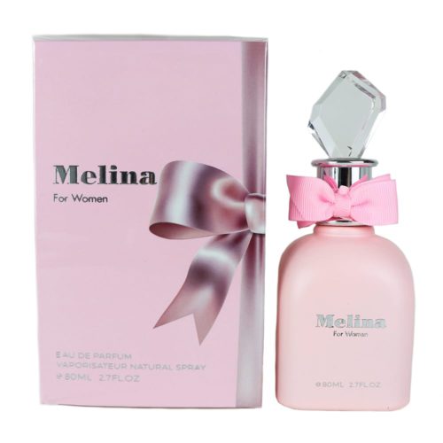 Frasco de perfume Melina For Women en color rosa suave con tapa en forma de cristal y lazo rosa, junto a una caja rosa con diseño de lazo satinado.
