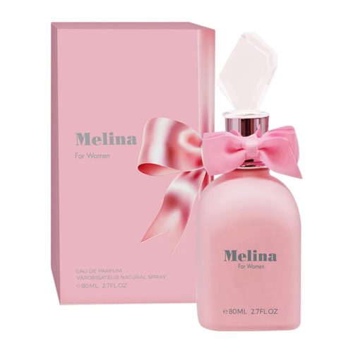 Melina Eau De Parfum para mujer de Emper, con un frasco rosa suave adornado con un lazo rosa y un tapón de cristal, junto con una caja rosa a juego con diseño de lazo.