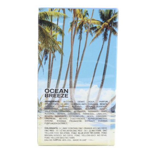 Vista posterior de Ocean Breeze Eau de Parfum de Milestone, que muestra la lista de ingredientes en una caja con un diseño de playa tropical y palmeras.