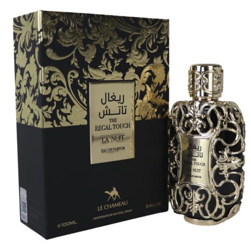 Le Chameau The Regal Touch La Nuit Eau de Parfum para Hombre - Frasco de 100 ml con diseño dorado ornamentado y envase negro y dorado a juego.
