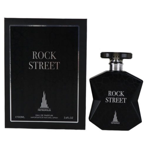 Frasco de perfume Rock Street con diseño geométrico negro mate y detalles plateados, junto a su caja negra con texto plateado y detalles de la marca.