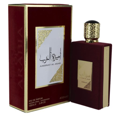 Ameerat Al Arab Eau de Parfum de Asdaaf, frasco de 100 ml y envase. El frasco es de color rojo intenso con detalles dorados y un tapón dorado con textura, que se muestra junto a la caja roja y dorada a juego.