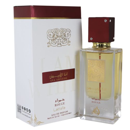Ana Abiyedh Rouge Eau de Parfum de Lattafa, frasco de 60 ml y envase. El frasco presenta un diseño rectangular transparente con un emblema dorado y un tapón cuadrado rojo, expuesto junto a la caja blanca y roja.