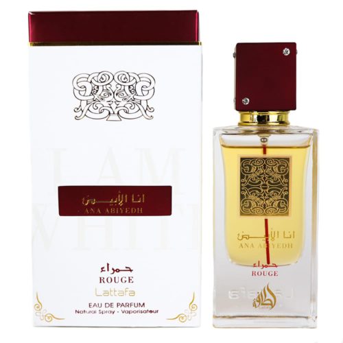 Botella de Ana Abiyedh Rouge Eau de Parfum de Lattafa, 60ml, con detalles dorados y tapa roja, junto a su elegante caja blanca.