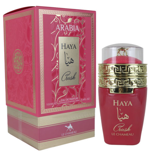 Arabia Haya Crush Eau de Parfum para mujer de Le Chameau, 100 ml, con el frasco rojo y dorado que se muestra junto a la caja decorativa a juego.