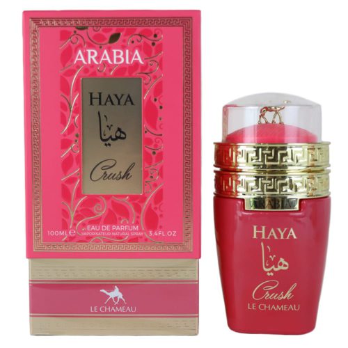 Botella de Arabia Haya Crush Eau de Parfum, 100ml, de Le Chameau, con diseño vibrante en rojo y detalles dorados, junto a su caja rosa a juego.