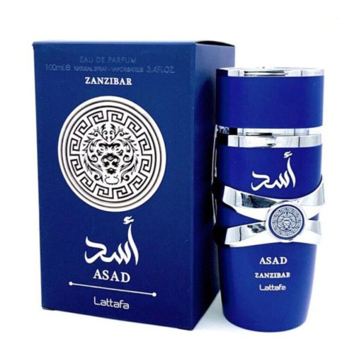 Lattafa Asad Zanzibar Eau de Parfum para hombre, 100 ml, con un atrevido frasco azul con detalles plateados, junto con el estuche azul a juego con un intrincado diseño del emblema del león.