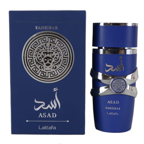 Asad Zanzibar Eau de Parfum de Lattafa, con un audaz frasco azul con detalles plateados y un emblema de león, acompañado de una caja azul con detalles plateados.