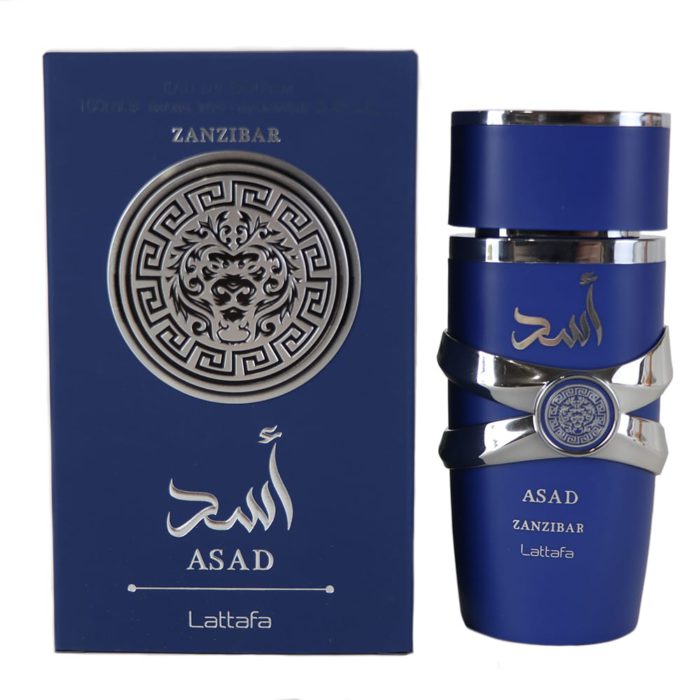 Asad Zanzibar Eau de Parfum de Lattafa, con un audaz frasco azul con detalles plateados y un emblema de león, acompañado de una caja azul con detalles plateados.