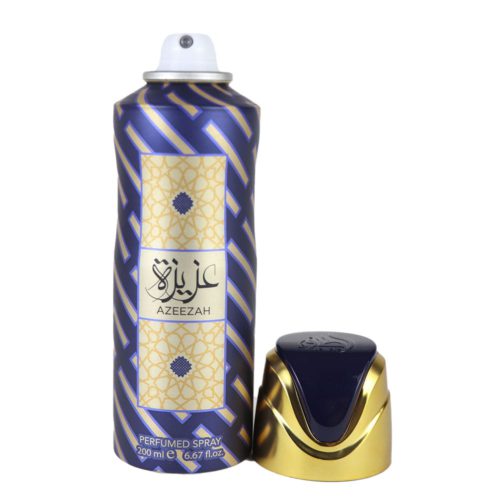 Azzeezah Spray Perfumado 200 ml de Lattafa con el tapón quitado, revelando la boquilla del spray, expuesta junto al tapón dorado y azul.