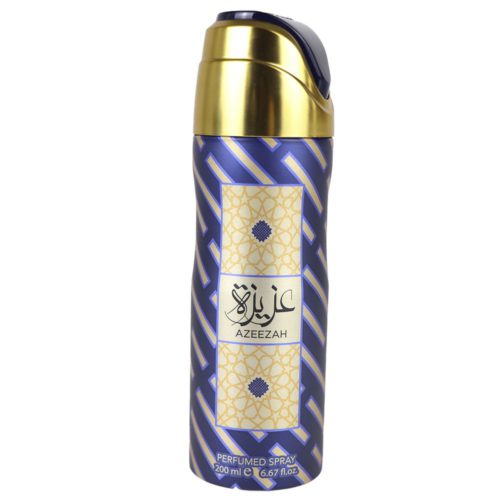 Azzeezah Spray Perfumado 200 ml de Lattafa en un frasco azul y dorado con un elegante diseño y texto en árabe e inglés en la etiqueta.