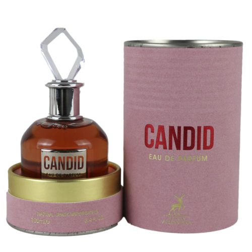 Candid Eau de Parfum 100ml para Mujer de Maison Alhambra con un tapón en forma de diamante, que se muestra junto a su envase cilíndrico rosa.