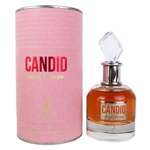Candid Eau de Parfum de Maison Alhambra, con una elegante botella de perfume de tono ámbar con una tapa en forma de cristal, acompañada de una caja cilíndrica rosa.
