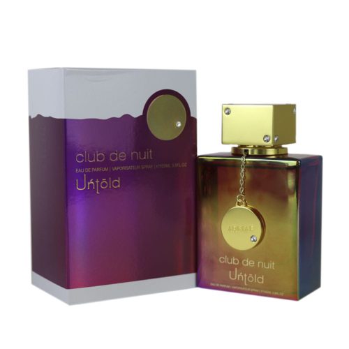 Club de Nuit Untold Eau de Parfum de ARMAF Frasco y envase de 105 ml. El frasco presenta un tapón cuadrado dorado con un colgante, y el envase es un degradado de morado y dorado.