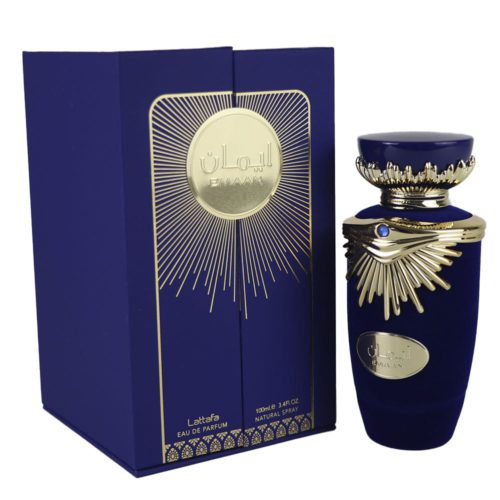 Emaan Eau de Parfum de Lattafa, con un lujoso frasco azul con detalles dorados y una caja azul a juego con un emblema dorado.