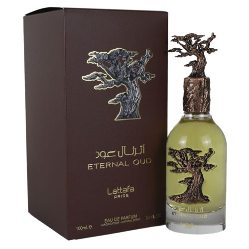 Eau de Parfum Eternal Oud de Lattafa, frasco y envase de 100 ml. El frasco presenta un emblema de árbol en bronce y un tapón a juego, que se exhibe junto al envase marrón oscuro con el mismo motivo de árbol.