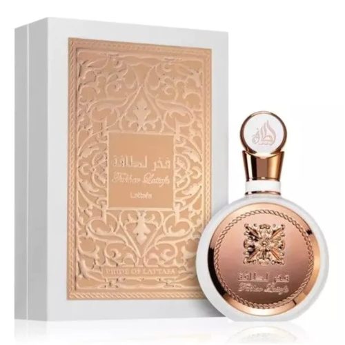 Fakhar Eau de Parfum para mujer de Lattafa, frasco circular de 100 ml con un lujoso tapón de oro rosa y un intrincado emblema, junto a una ornamentada caja a juego en blanco y oro rosa.