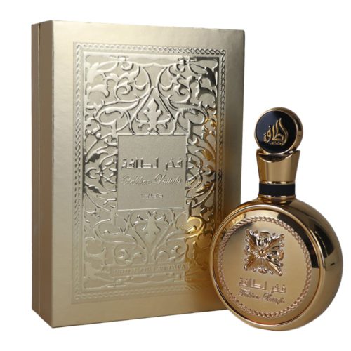 Fakhar Extrait Eau de Parfum de Lattafa, 100 ml, fragancia unisex. El frasco es dorado con intrincados diseños, que se muestran junto al envase dorado en relieve.