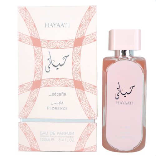 Un elegante frasco de Hayaati Florence Eau de Parfum de Lattafa, con un diseño en color rosa pastel. El perfume se muestra junto a su caja blanca y rosa con detalles intrincados y el nombre de la marca en un estilo delicado y lujoso.