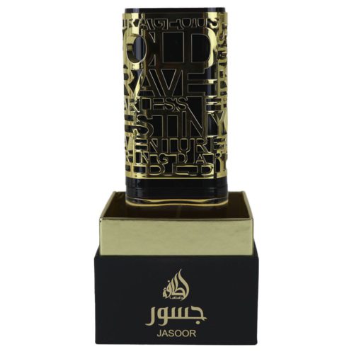 Jasoor Eau de Parfum 100ml para hombre de Lattafa, presentado en un frasco negro y dorado con intrincadas letras y envase negro y dorado a juego.