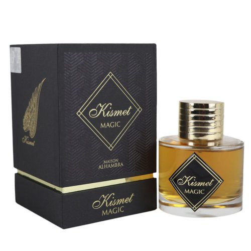 Kismet Magic Eau de Parfum de Maison Alhambra, con un frasco redondo con tapón dorado y líquido ámbar, presentado junto a una lujosa caja negra y dorada.