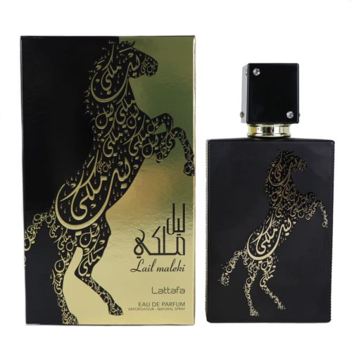 Lail Maleki Eau de Parfum de Lattafa, con una botella negra y dorada decorada con un caballo encabritado en caligrafía árabe, junto a su caja a juego.